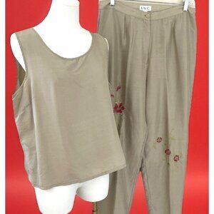 I.S.C. 100% Silk Tunic & Embroidered Pant Set Women's Large Beige Floral Luxury